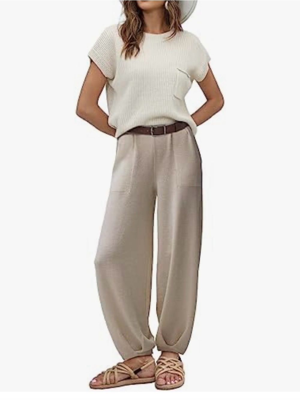 Ugerlov 2 Piece Knit Sweater Set Mock Neck Top Wide Leg Pants Beige L NWT